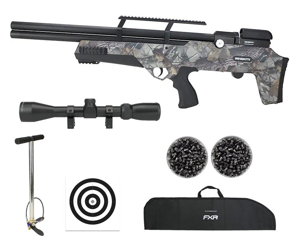 Carabina de Pressão PCP Nova Vista Bullpup Behemoth PS-R3-S 5,5 mm Camuflada + Bomba + Capa + Luneta 3-9x40 + Chumbos + Alvos