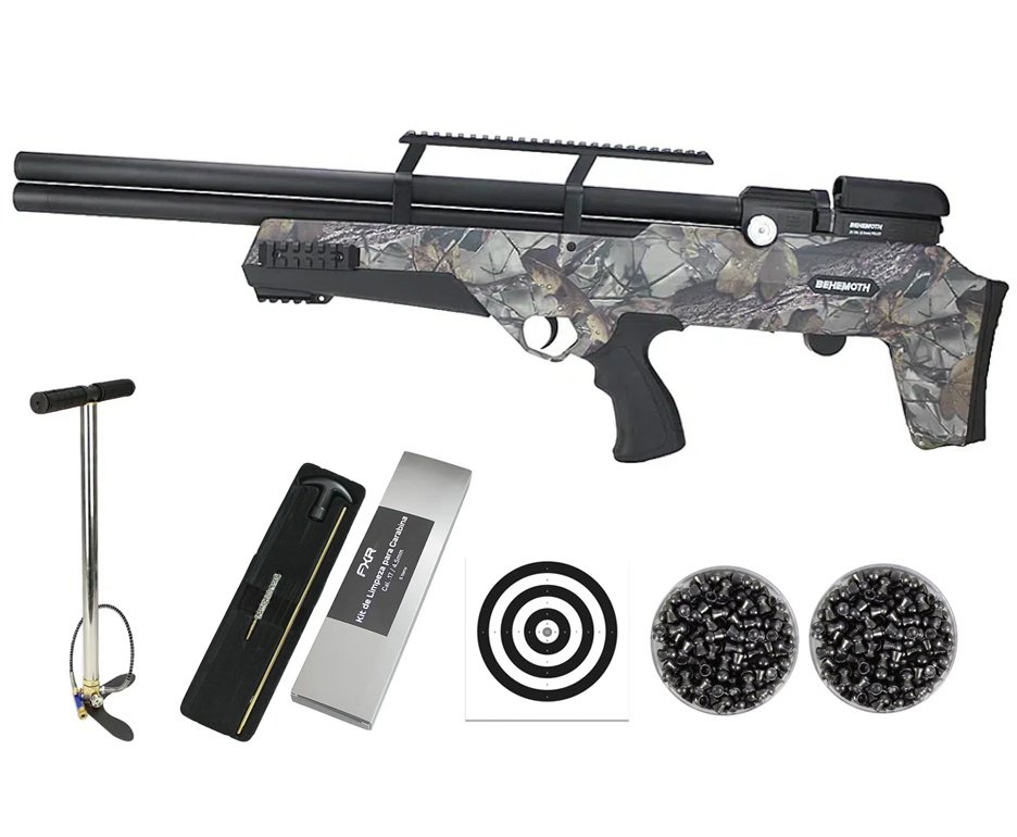 Carabina de Pressão PCP Nova Vista Bullpup Behemoth PS-R3-S 5,5 mm Camuflada + Bomba + Chumbos + Alvos + Kit Limpeza
