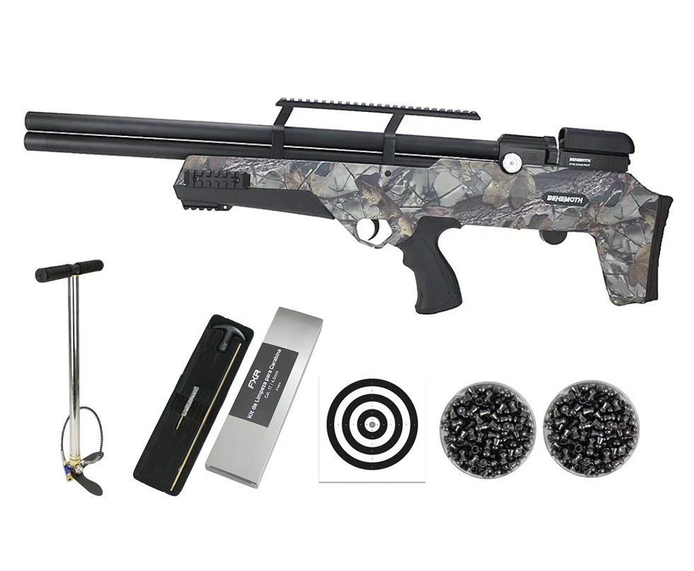 Carabina de Pressão PCP Nova Vista Bullpup Behemoth PS-R3-S 5,5 mm Camuflada + Bomba + Chumbos + Alvos + Kit Limpeza