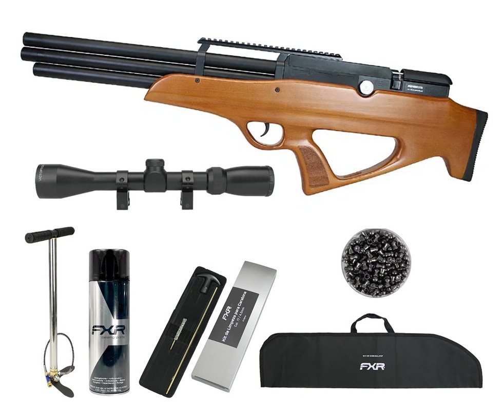 Carabina Pressão PCP Nova Vista Bullpup Behemoth PS-R3-SF 4,5mm Wood + Bomba + Capa + Luneta 3-9x40 + Chumbos + Alvos + Desengripante / Anticorrosivo + Kit Limpeza