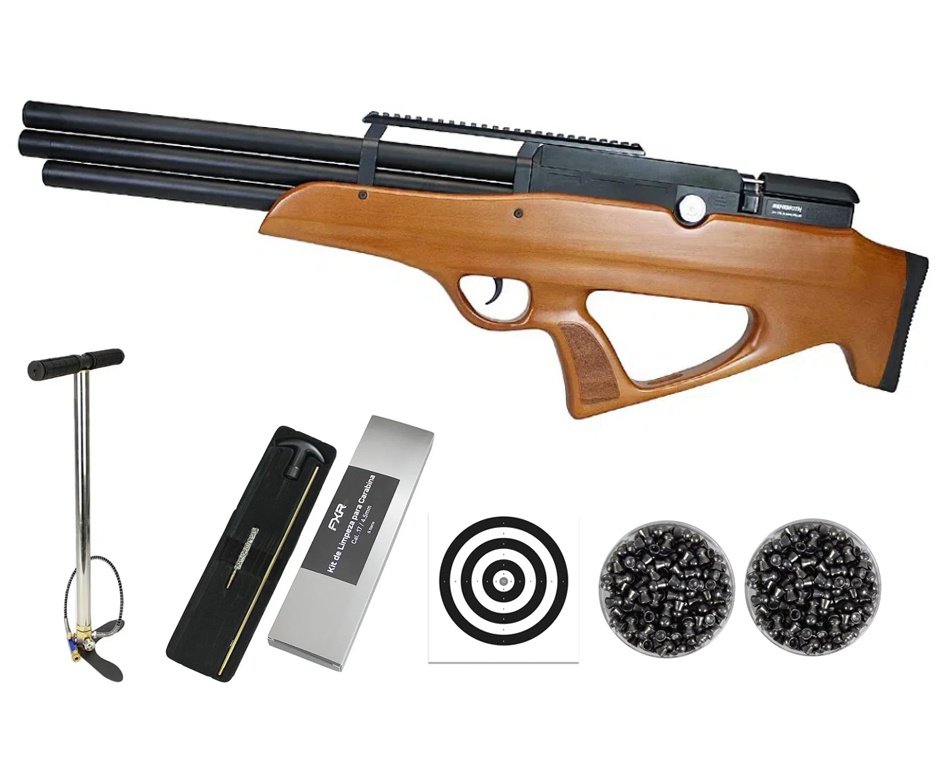 Carabina Pressão PCP Nova Vista Bullpup Behemoth PS-R3-SF 4,5mm Wood + Bomba + Chumbos + Alvos + Kit Limpeza