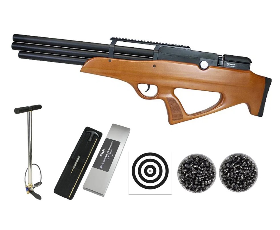 Carabina Pressão PCP Nova Vista Bullpup Behemoth PS-R3-SF 4,5mm Wood + Bomba + Chumbos + Alvos + Kit Limpeza