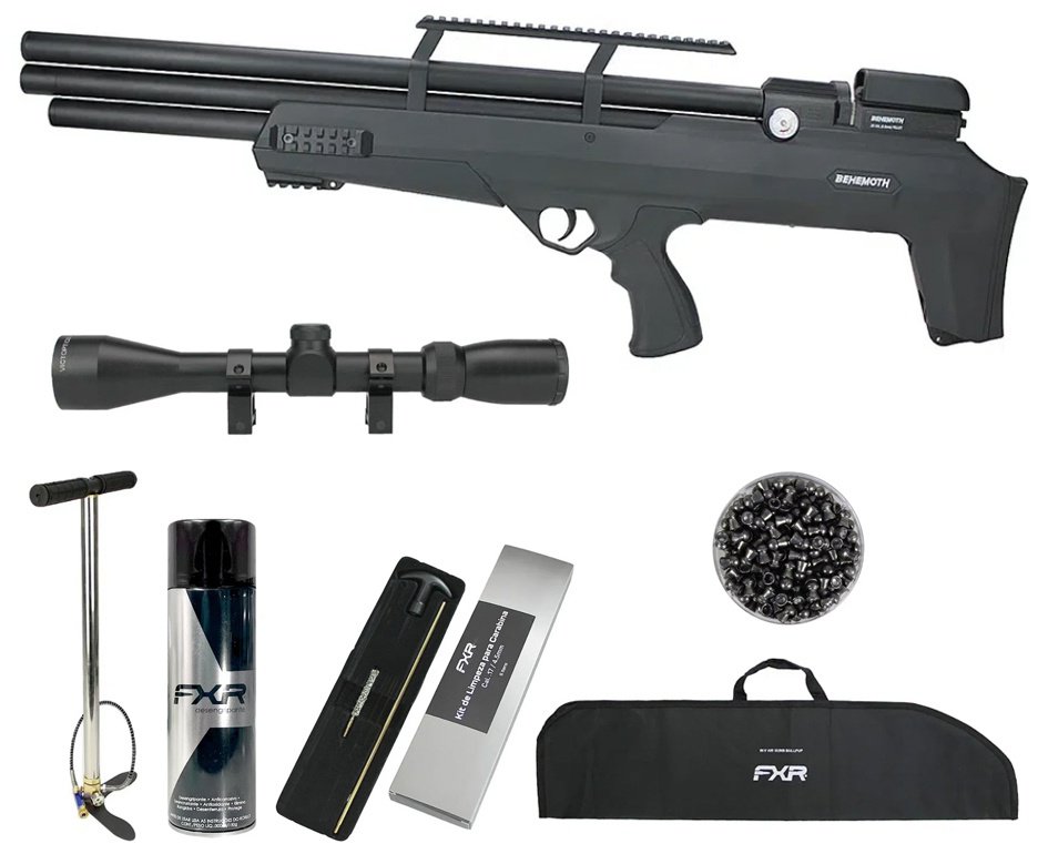 Carabina de Pressão PCP Nova Vista Bullpup Behemoth PS-R3-S 5.5mm Black com reguladora + Bomba + Capa + Luneta 3-9x40 + Chumbos + Alvos + Desengripante / Anticorrosivo + Kit Limpeza