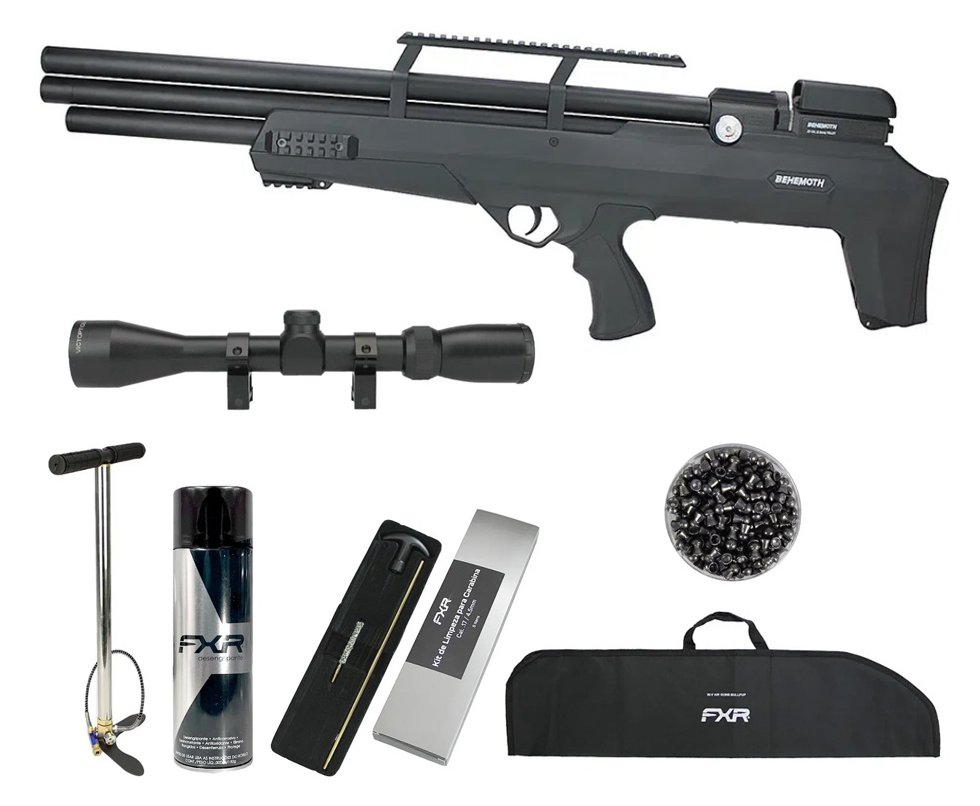 Carabina de Pressão PCP Nova Vista Bullpup Behemoth PS-R3-S 5.5mm Black com reguladora + Bomba + Capa + Luneta 3-9x40 + Chumbos + Alvos + Desengripante / Anticorrosivo + Kit Limpeza