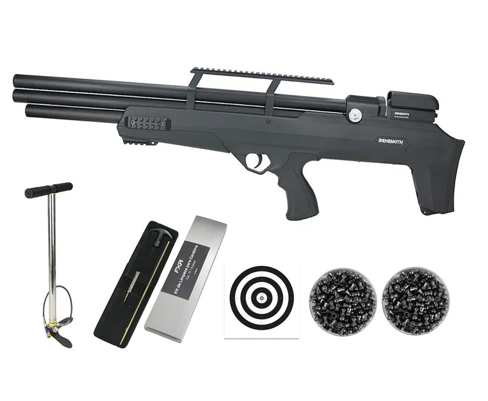 Carabina de Pressão PCP Nova Vista Bullpup Behemoth PS-R3-S 5.5mm Black com reguladora + Bomba + Capa + Luneta 3-9x40 + Chumbos + Alvos