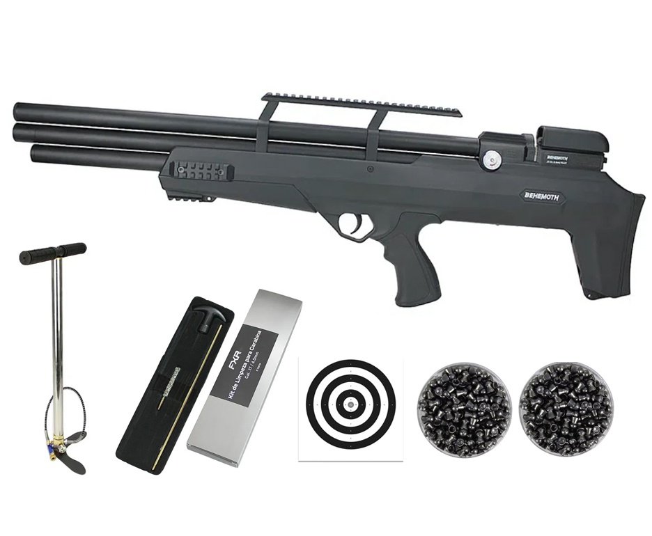 Carabina de Pressão PCP Nova Vista Bullpup Behemoth PS-R3-S 5.5mm Black com reguladora + Bomba + Chumbos + Alvos + Kit Limpeza