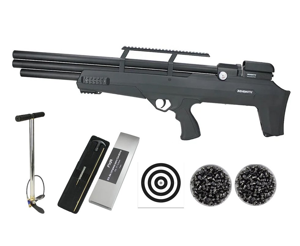 Carabina de Pressão PCP Nova Vista Bullpup Behemoth PS-R3-S 5.5mm Black com reguladora + Bomba + Chumbos + Alvos + Kit Limpeza