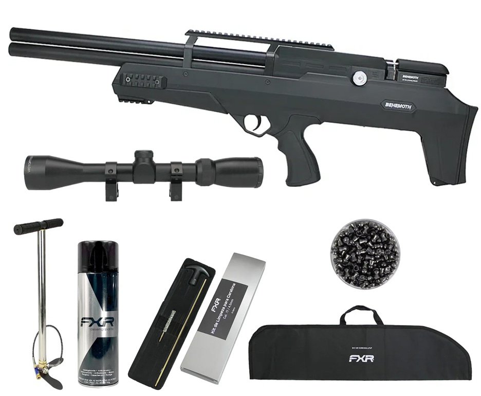 Carabina de Pressão PCP Nova Vista Bullpup Behemoth PS-R2-SF Cal. 5.5mm com reguladora + Bomba + Capa + Luneta 3-9x40 + Chumbos + Alvos + Desengripante / Anticorrosivo + Kit Limpeza