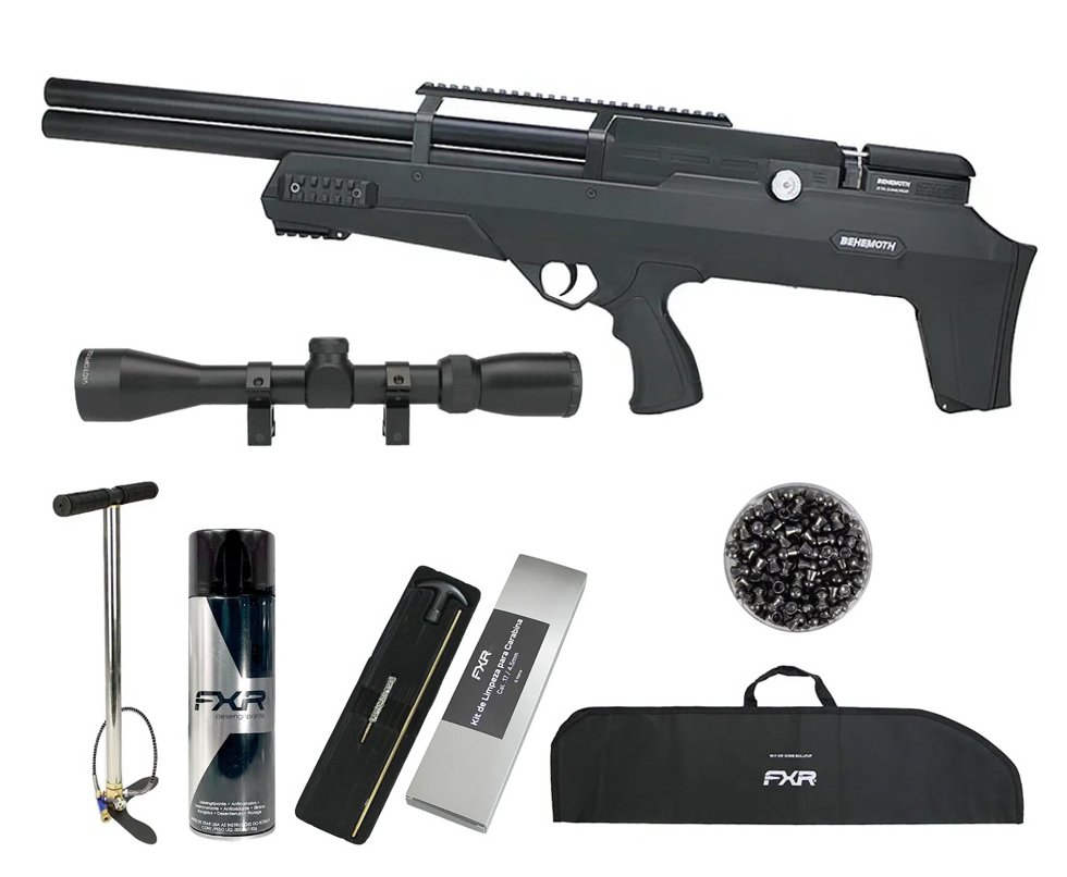 Carabina de Pressão PCP Nova Vista Bullpup Behemoth PS-R2-SF Cal. 5.5mm com reguladora + Bomba + Capa + Luneta 3-9x40 + Chumbos + Alvos + Desengripante / Anticorrosivo + Kit Limpeza