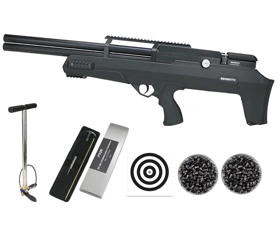 Carabina de Pressão PCP Nova Vista Bullpup Behemoth PS-R2-SF Cal. 5.5mm com reguladora + Bomba + Chumbos + Alvos + Kit Limpeza
