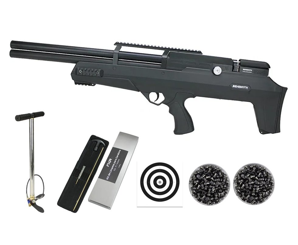 Carabina de Pressão PCP Nova Vista Bullpup Behemoth PS-R2-SF Cal. 5.5mm com reguladora + Bomba + Chumbos + Alvos + Kit Limpeza