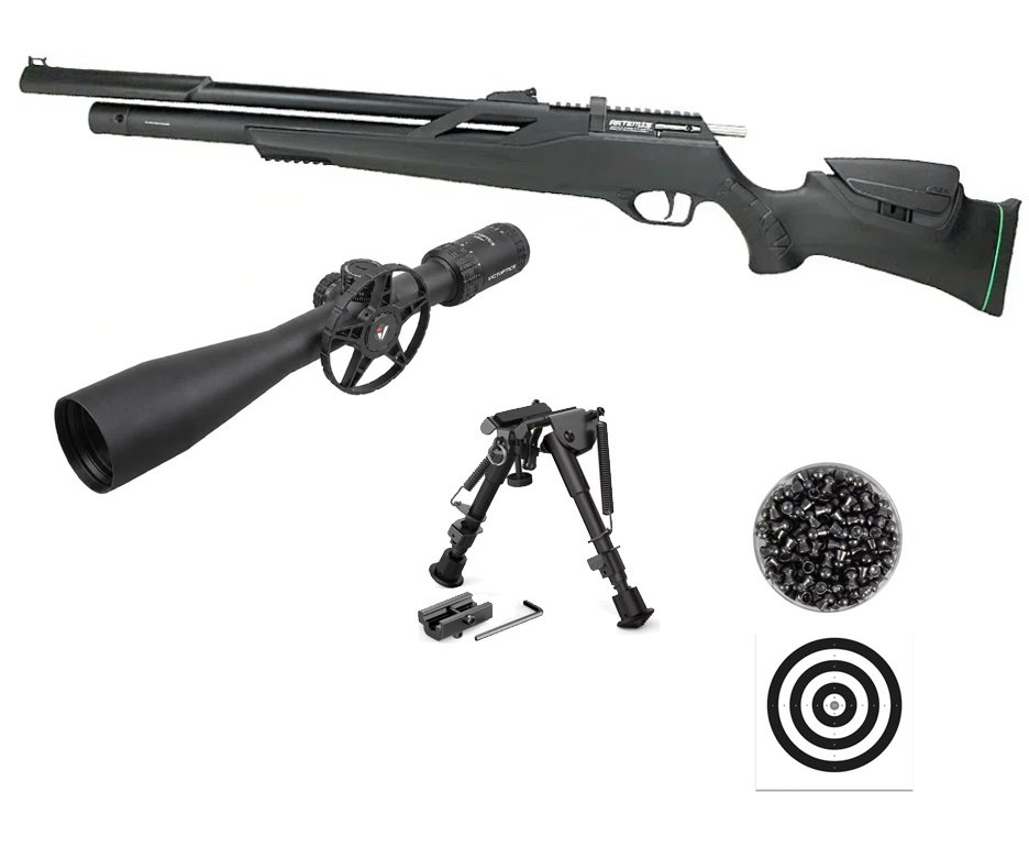 Carabina de Pressão PCP Artemis Montecarlo T-REX 5.5mm com Válvula Reguladora - FXR + Luneta S4 6-24X50 SFP + Chumbos + Alvos + Bipé