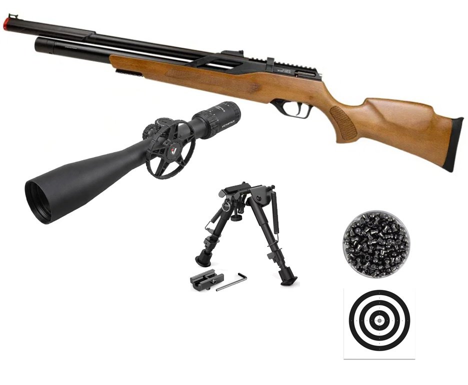 Carabina PCP Rossi T-REX Montecarlo Madeira Big Bore 6,35mm + Luneta S4 6-24X50 SFP + Chumbos + Alvos + Bipé