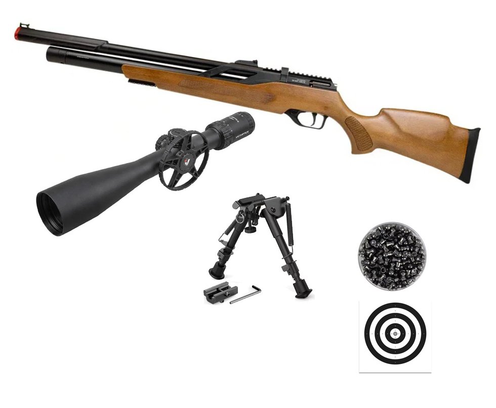 Carabina PCP Rossi T-REX Montecarlo Madeira Big Bore 6,35mm + Luneta S4 6-24X50 SFP + Chumbos + Alvos + Bipé