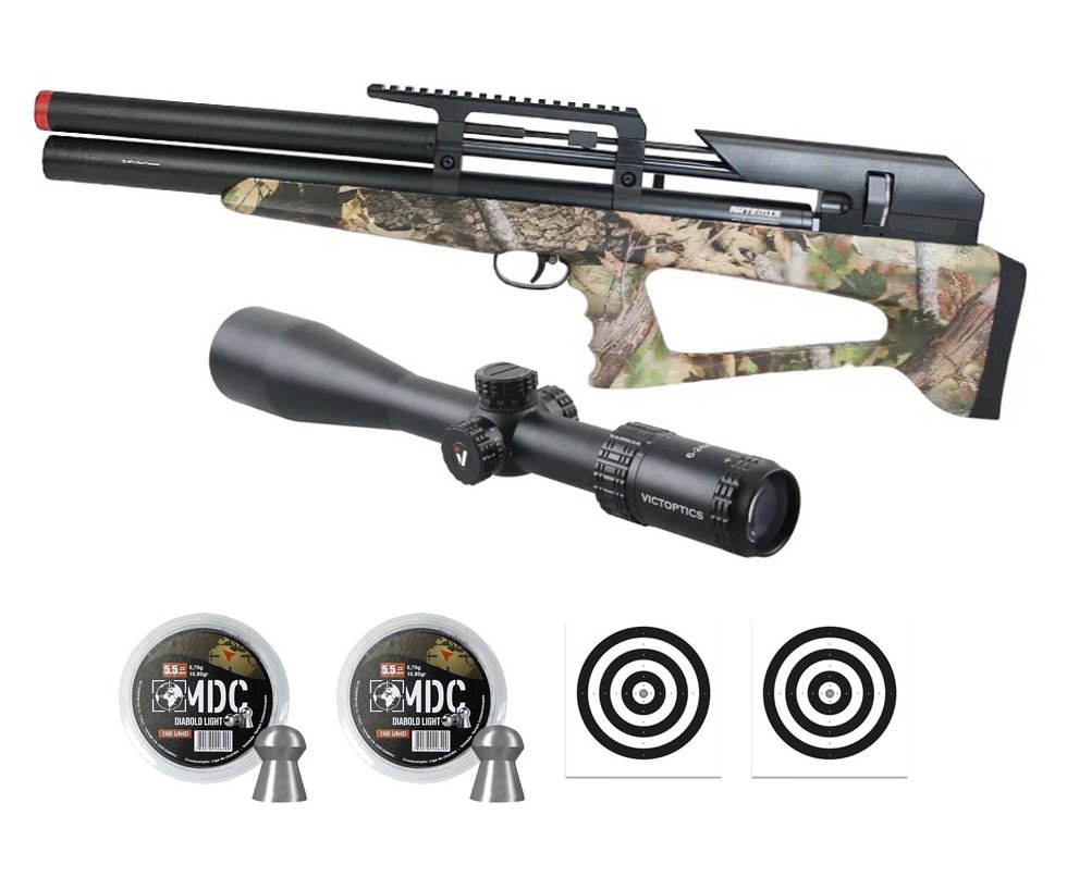 Carabina Pressão PCP P35 CAMO Artemis Bull PUP 5.5mm + Luneta S4 6-24X50 SFP + Chumbos + Alvos