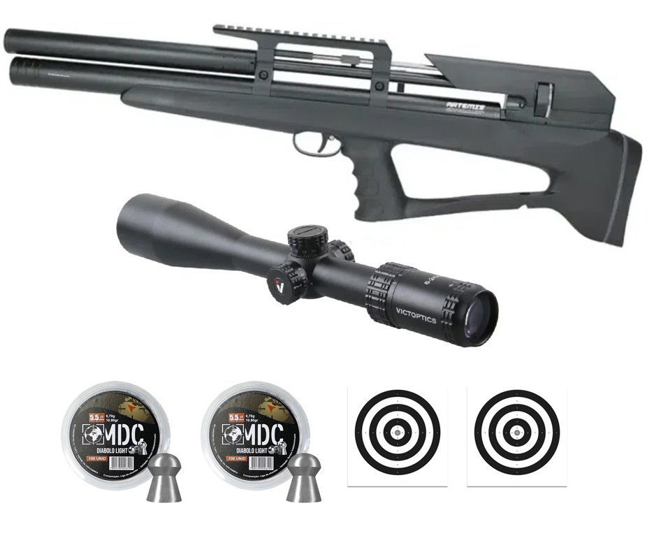 Carabina Pressão PCP P35 Artemis Bull PUP Blackened 5.5mm + Luneta S4 6-24X50 SFP + Chumbos + Alvos