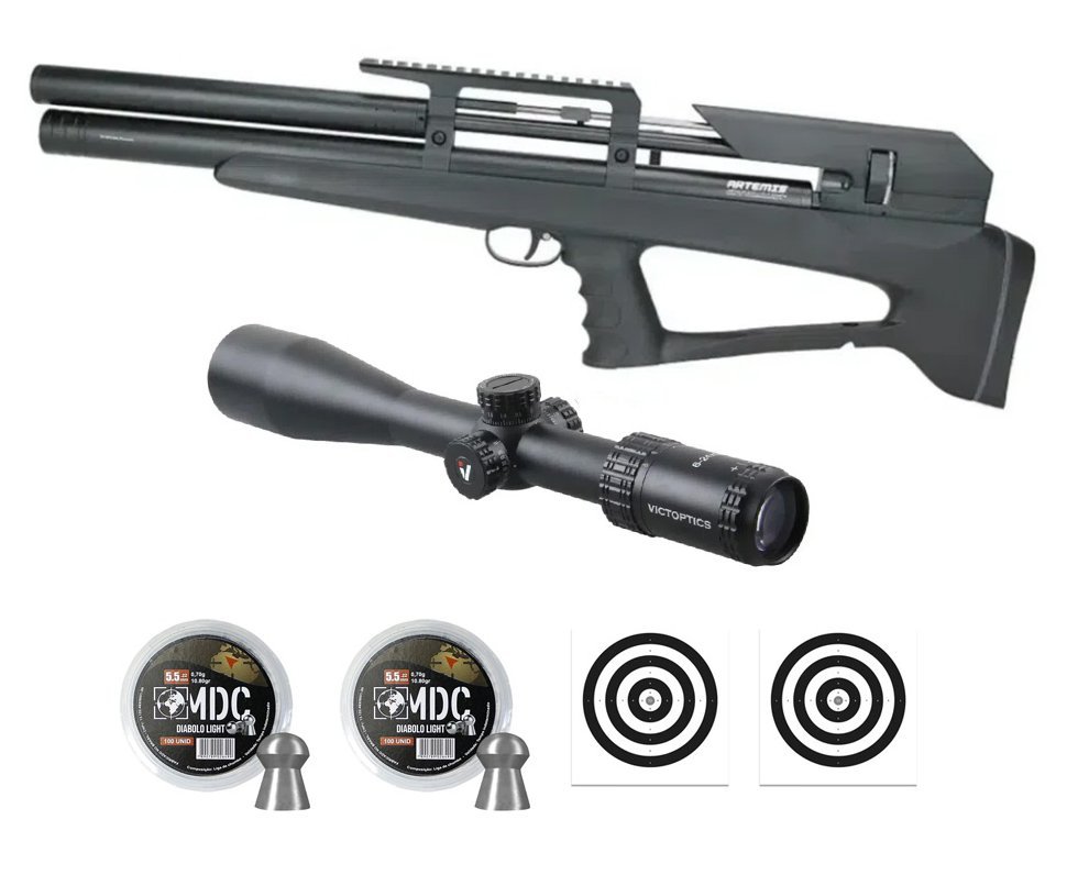 Carabina Pressão PCP P35 Artemis Bull PUP Blackened 5.5mm + Luneta S4 6-24X50 SFP + Chumbos + Alvos