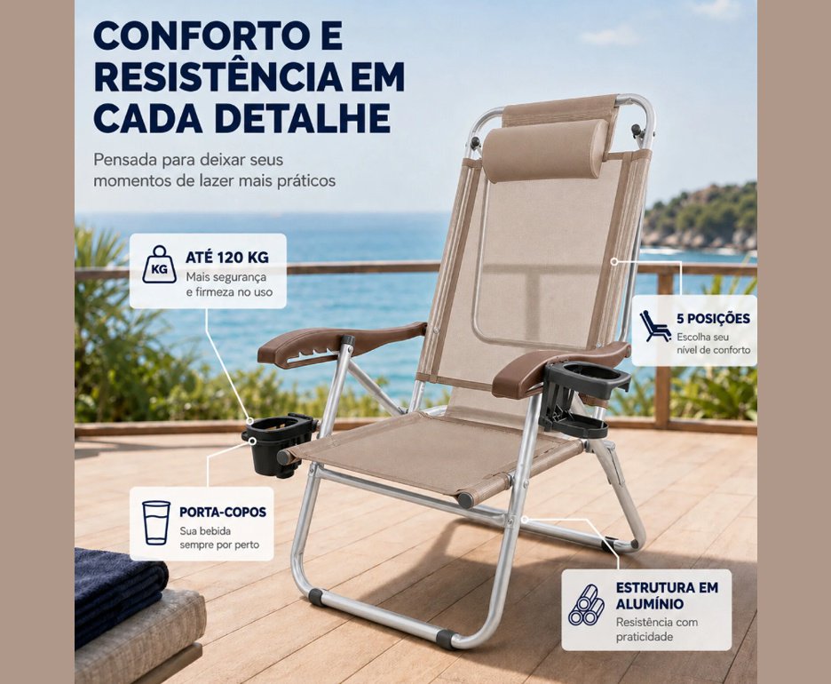 Cadeira de Praia Zaka Reclinável 5 Posições Alumínio Reforçada UP Line Até 120kg - Avelã