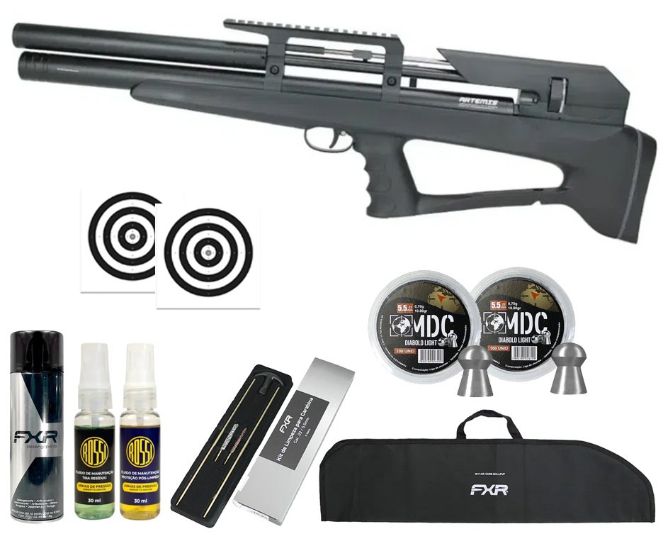 Carabina Pressão PCP P35 Artemis Bull PUP Blackened 5.5mm + Kit Limpeza + Chumbos + Capa + Alvos + Desengripante + Kit Fluidos