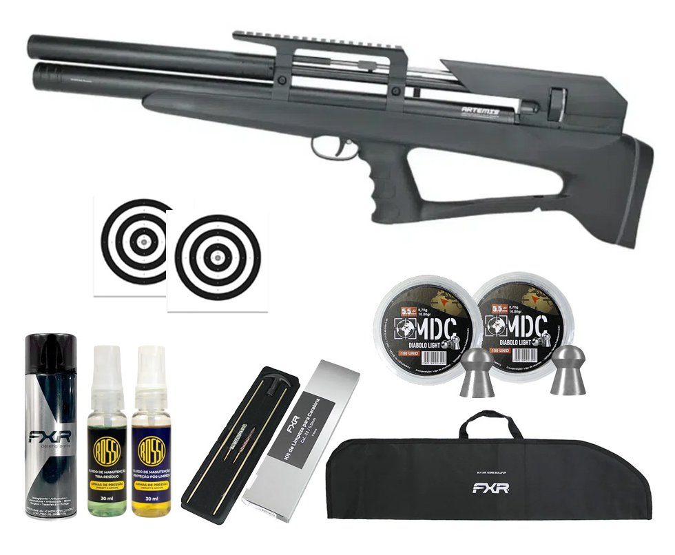 Carabina Pressão PCP P35 Artemis Bull PUP Blackened 5.5mm + Kit Limpeza + Chumbos + Capa + Alvos + Desengripante + Kit Fluidos