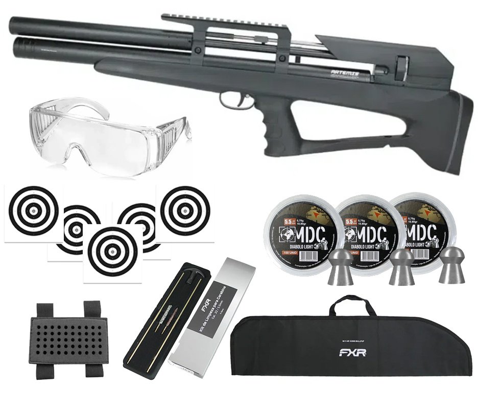 Carabina Pressão PCP P35 Artemis Bull PUP Blackened 5.5mm + Kit Limpeza + Chumbo + Capa + Alvos + Óculos + Porta Chumbinho