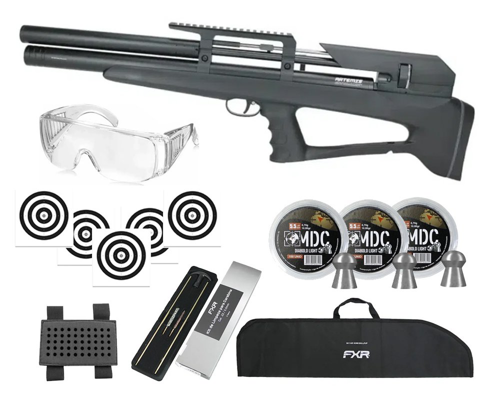 Carabina Pressão PCP P35 Artemis Bull PUP Blackened 5.5mm + Kit Limpeza + Chumbo + Capa + Alvos + Óculos + Porta Chumbinho