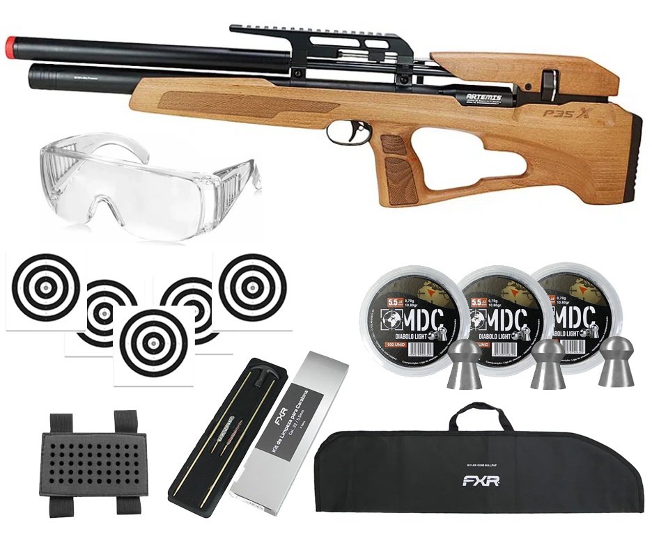 Carabina de Pressão PCP P35-X Evolution 5.5mm Artemis - FXR + Kit Limpeza + Chumbo + Capa + Alvos + Óculos + Porta Chumbinho