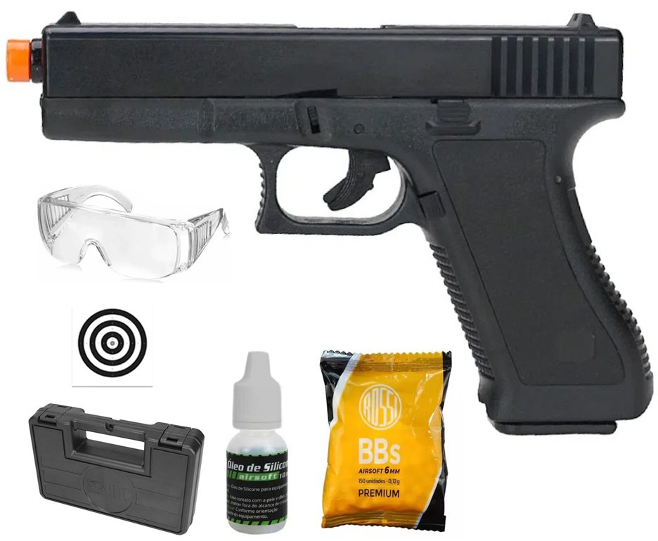 Pistola De Airsoft Glock G17 K17 Spring 6mm + BBS + Alvos + Óculos + Óleo de Silicone + Case