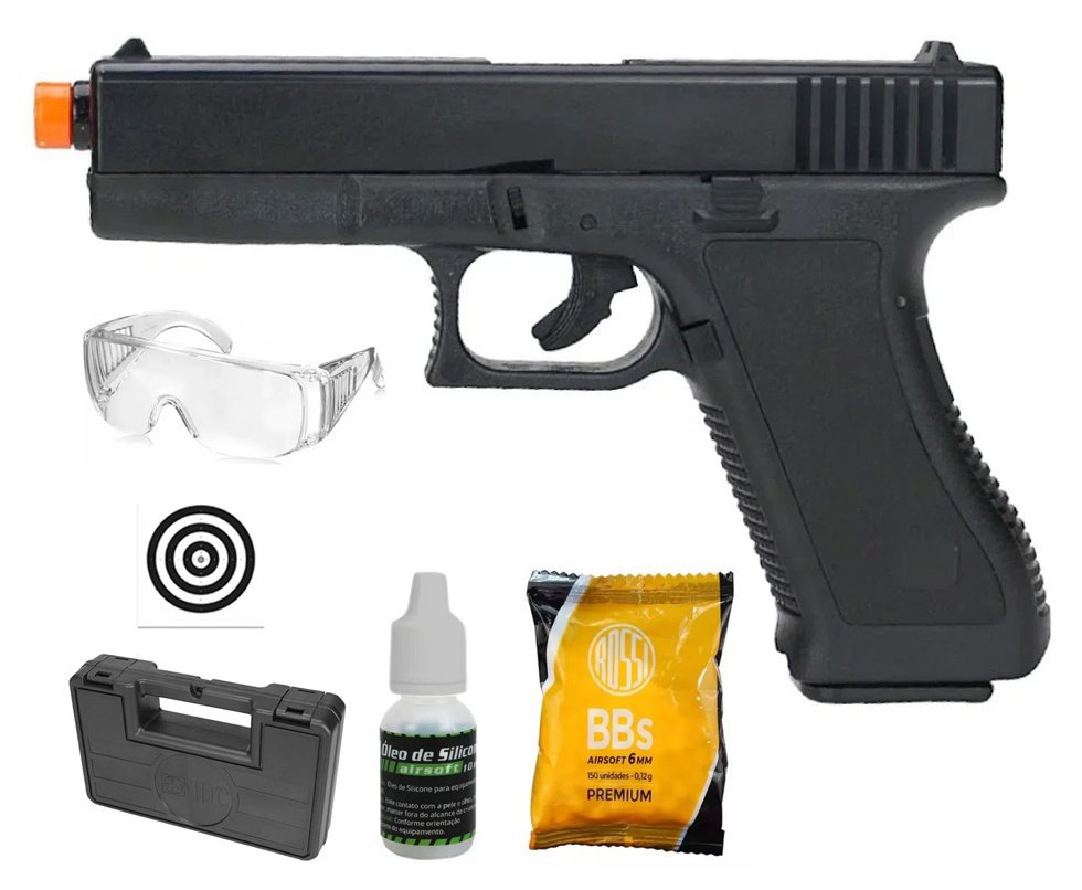 Pistola De Airsoft Glock G17 K17 Spring 6mm + BBS + Alvos + Óculos + Óleo de Silicone + Case