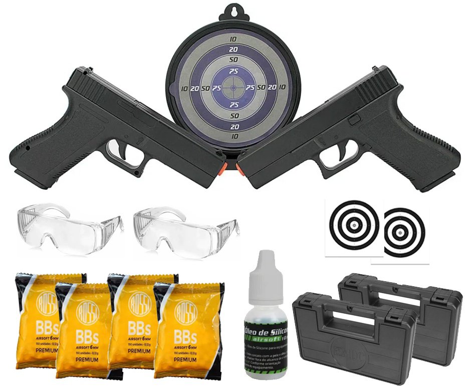 Kit Duelo 02 Pistolas Airsoft Spring Glock GK-V307 com Alvo Gel 6mm Rossi VG + BBS + Alvos + Óculos + Óleo de Silicone + Case