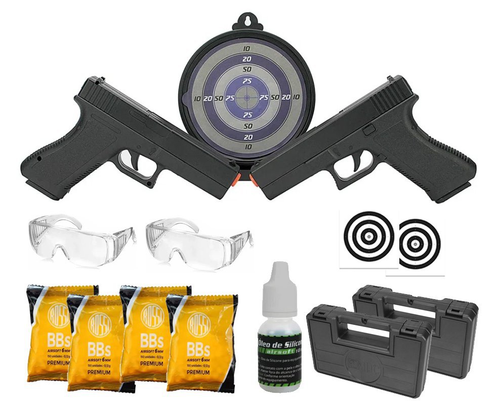 Kit Duelo 02 Pistolas Airsoft Spring Glock GK-V307 com Alvo Gel 6mm Rossi VG + BBS + Alvos + Óculos + Óleo de Silicone + Case
