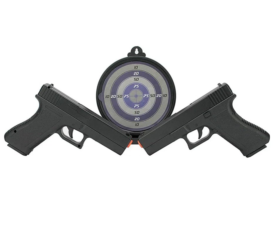 Kit Duelo 02 Pistolas Airsoft Spring Glock GK-V307 com Alvo Gel 6mm Rossi VG + BBS + Alvos + Óculos + Óleo de Silicone + Case