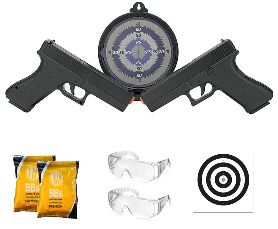 Kit Duelo 02 Pistolas Airsoft Spring Glock GK-V307 com Alvo Gel 6mm Rossi VG + BBS + Alvos + Óculos