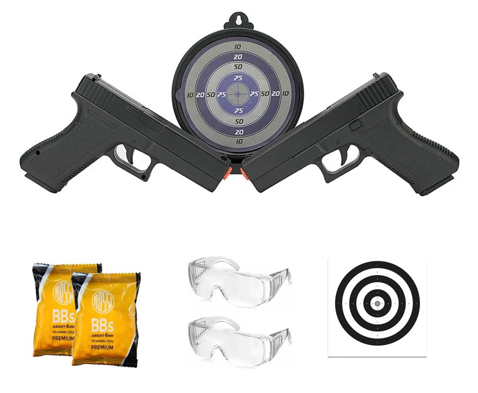 Kit Duelo 02 Pistolas Airsoft Spring Glock GK-V307 com Alvo Gel 6mm Rossi VG + BBS + Alvos + Óculos