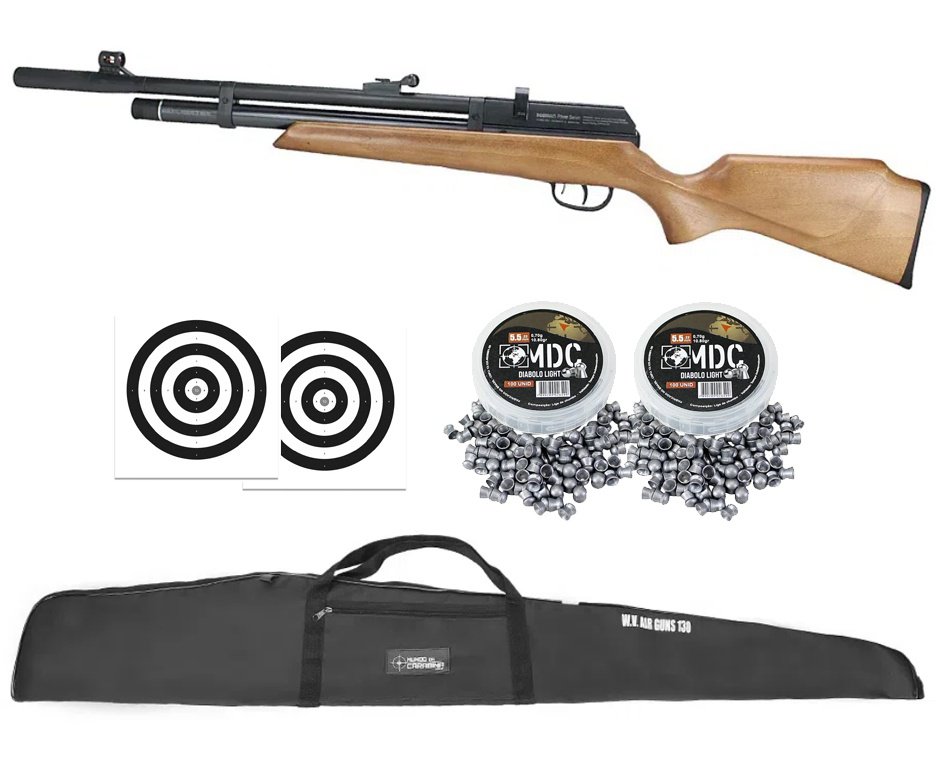 Carabina de Pressão PCP Beeman Raider 1331 Madeira 5.5mm - Rossi + Chumbo + Capa + Alvos + Óculos