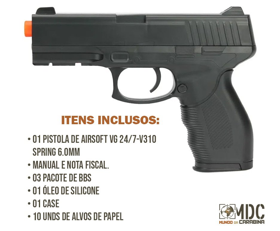 Pistola de Airsoft Vigor Spring VG 24/7 V310 Rossi 6mm + BBS + Alvos + Case + Óleo de Silicone