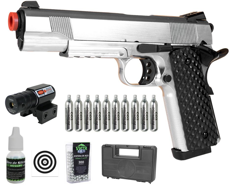 Pistola de Pressão CO2 1911 Silver Full Metal 4,5mm Blowback - Rossi + Co2 + BBS + Case + Alvos + Óleo de Silicone + Laser