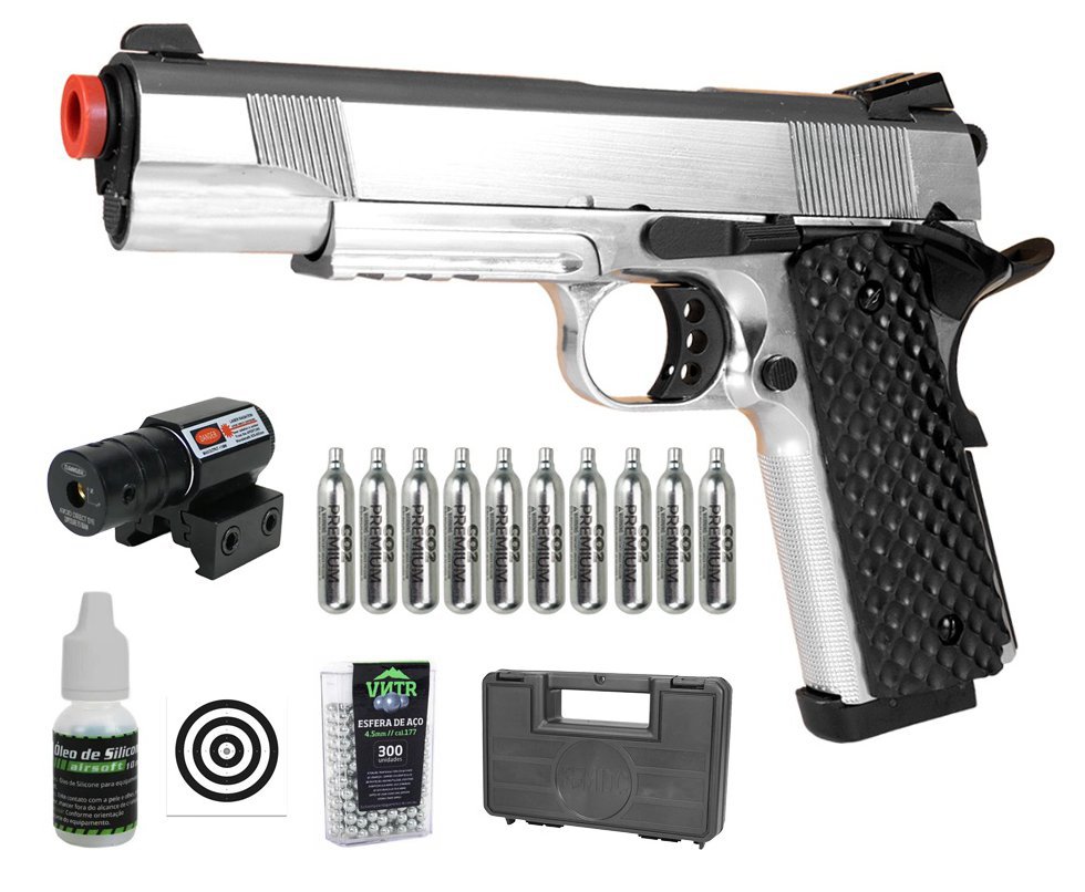 Pistola de Pressão CO2 1911 Silver Full Metal 4,5mm Blowback - Rossi + Co2 + BBS + Case + Alvos + Óleo de Silicone + Laser