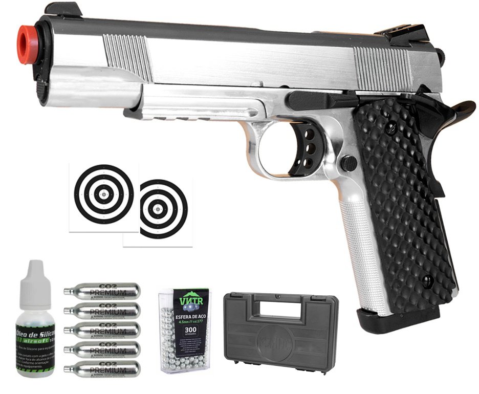 Pistola de Pressão CO2 1911 Silver Full Metal 4,5mm Blowback - Rossi + Co2 + BBS + Case + Alvos + Óleo de Silicone