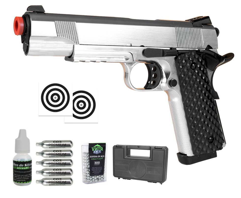 Pistola de Pressão CO2 1911 Silver Full Metal 4,5mm Blowback - Rossi + Co2 + BBS + Case + Alvos + Óleo de Silicone