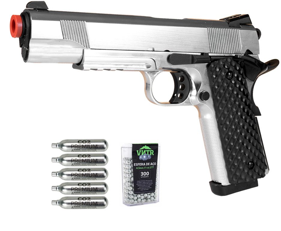 Pistola de Pressão CO2 1911 Silver Full Metal 4,5mm Blowback - Rossi + Co2 + BBS