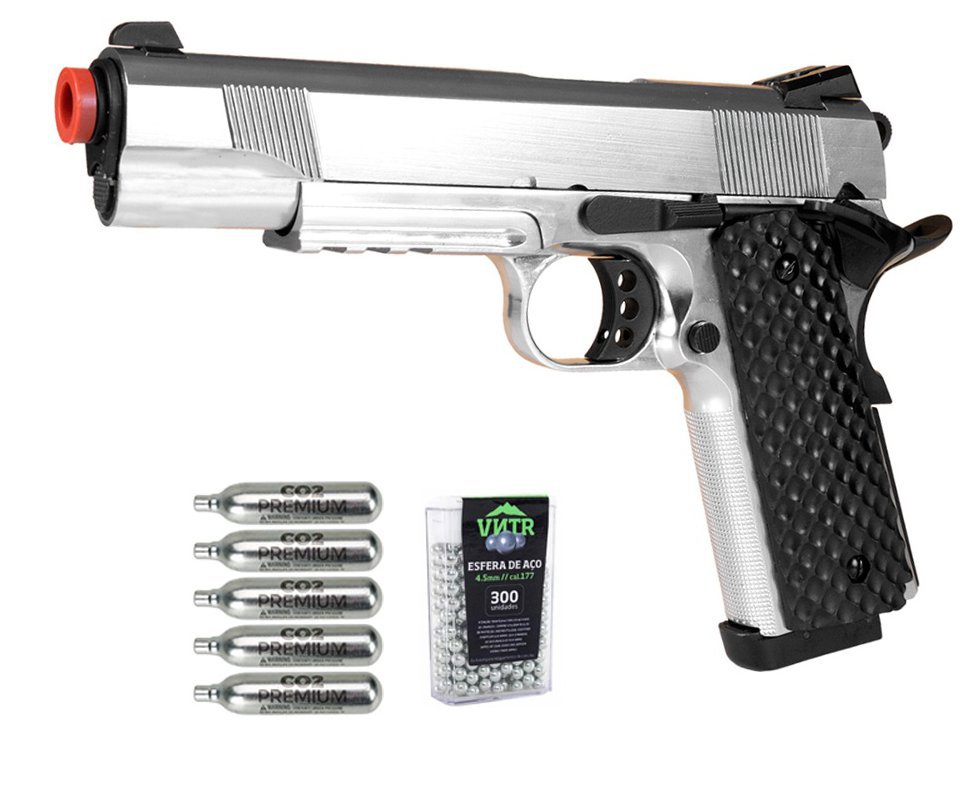 Pistola de Pressão CO2 1911 Silver Full Metal 4,5mm Blowback - Rossi + Co2 + BBS