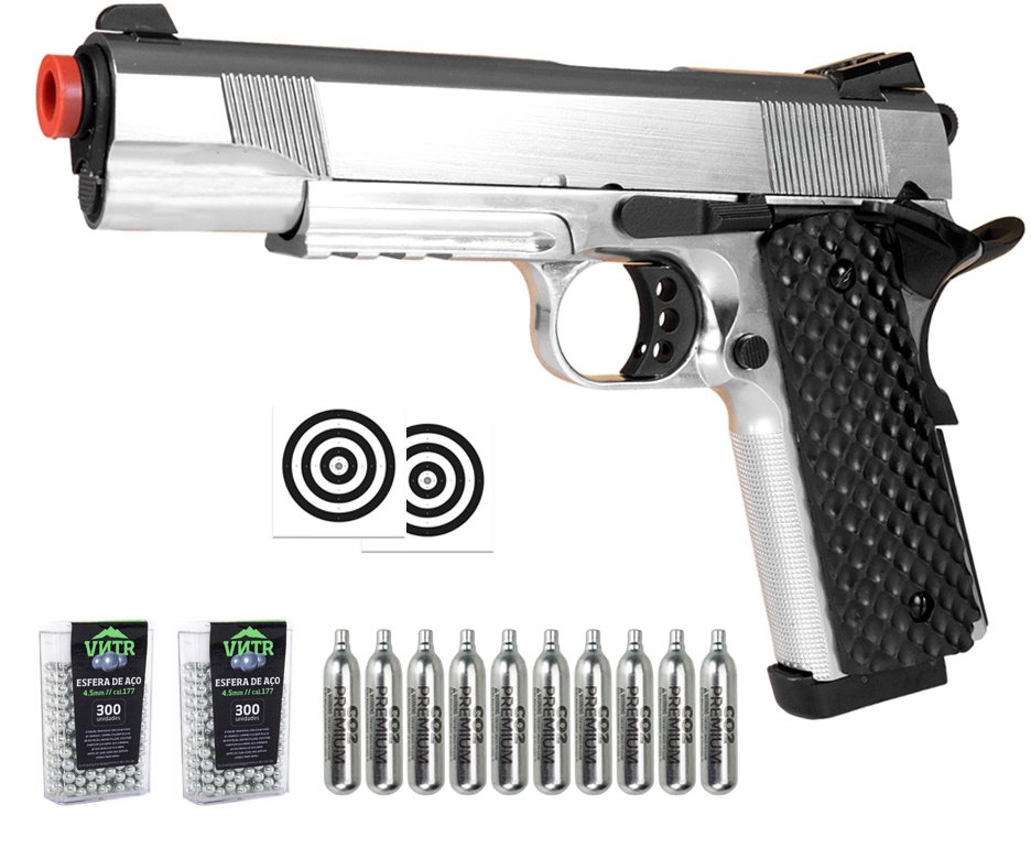 Pistola de Pressão CO2 1911 Silver Full Metal 4,5mm Blowback - Rossi + Co2 + BBS + Alvos