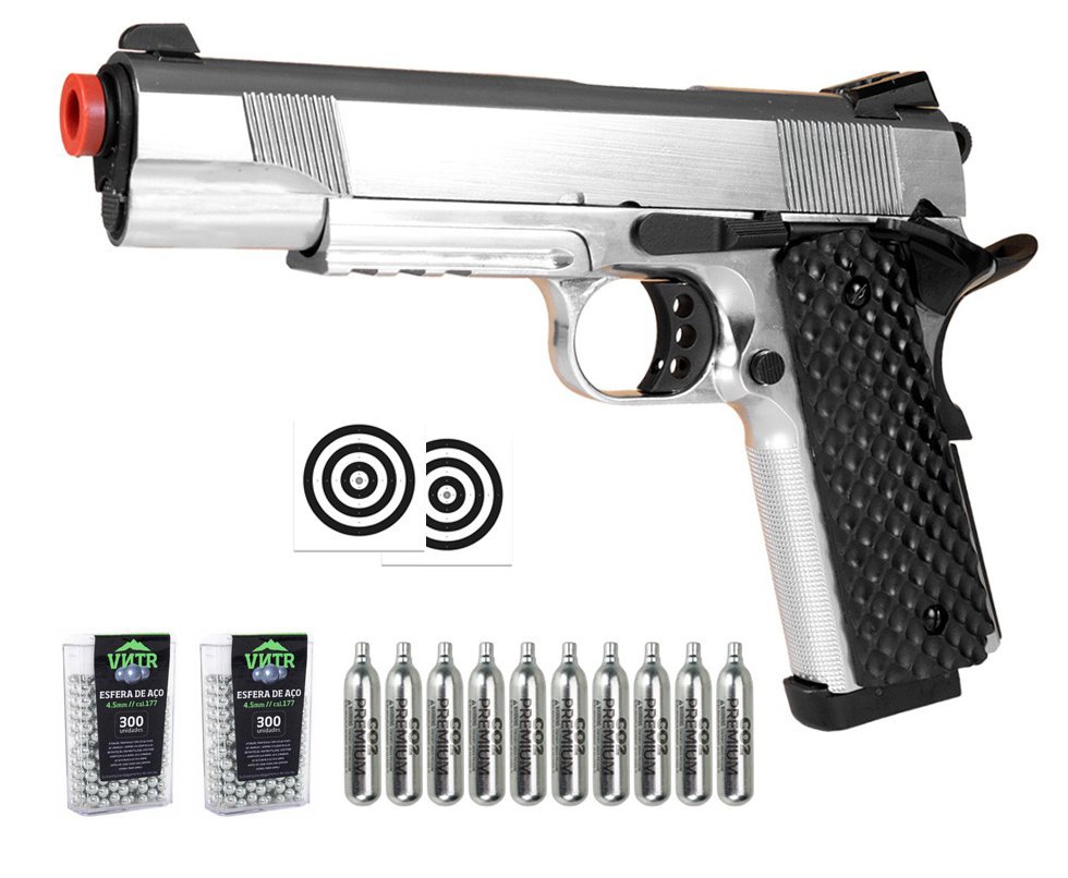 Pistola de Pressão CO2 1911 Silver Full Metal 4,5mm Blowback - Rossi + Co2 + BBS + Alvos