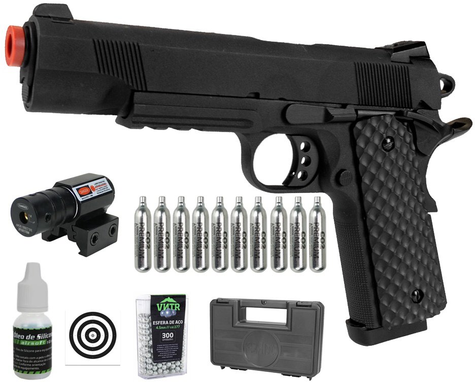 Pistola de Pressão 1911 Full Metal CO2 4,5mm Blowback Black - Rossi + Co2 + BBS + Case + Alvos + Óleo de Silicone + Laser