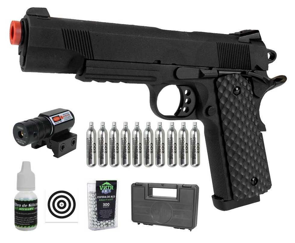 Pistola de Pressão 1911 Full Metal CO2 4,5mm Blowback Black - Rossi + Co2 + BBS + Case + Alvos + Óleo de Silicone + Laser