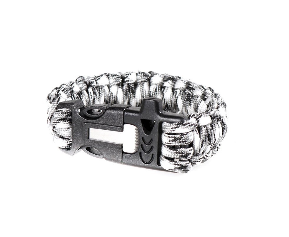 Pulseira Paracord Survival Com Apito E Pederneira Preta/branco -treme Terra