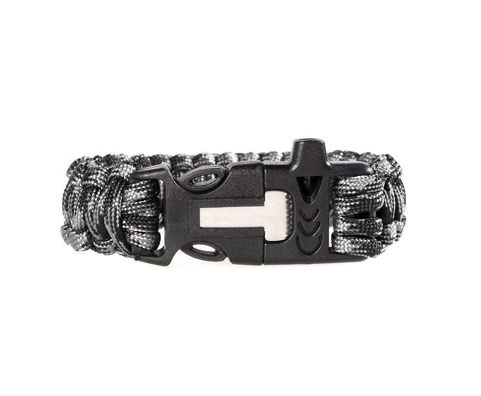 Pulseira Paracord Survival Com Apito E Pederneira Preta/cinza -treme Terra