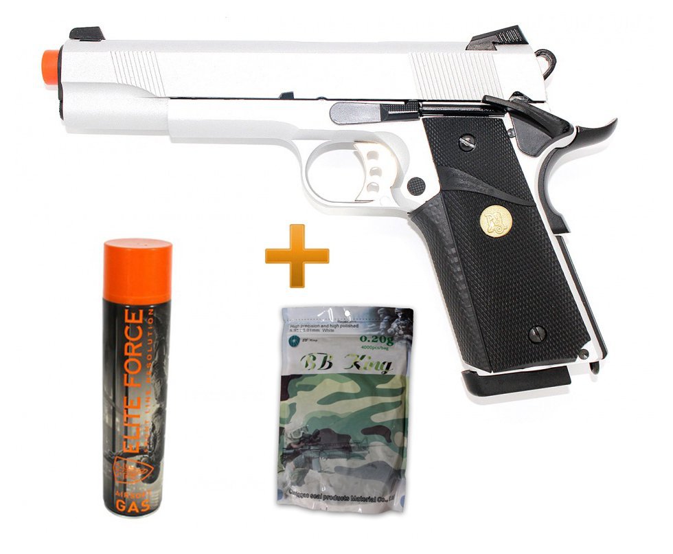 Pistola Airsoft Gas Gbb M1911 Inox Double Bell 728y Blowback 6.0 + Case + Gbb + Bbs 0,20g