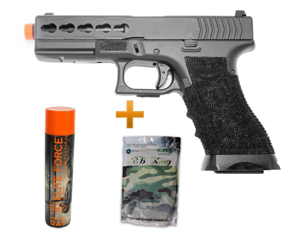 Pistola Airsoft Gas Gbb Glock G17 Custom Blowback Double Bell 747 6.0mm + Case + 01 Refil Gbb + Bbs 0,20g